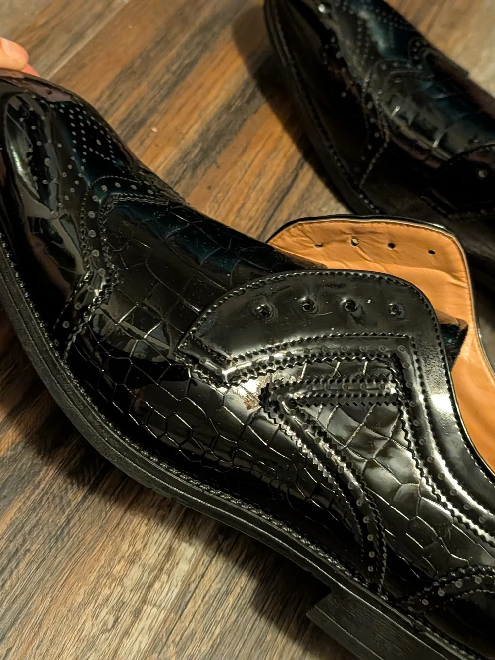11.5 Men's Black Patent Croc-Embossed Wingtip Dress Shoes